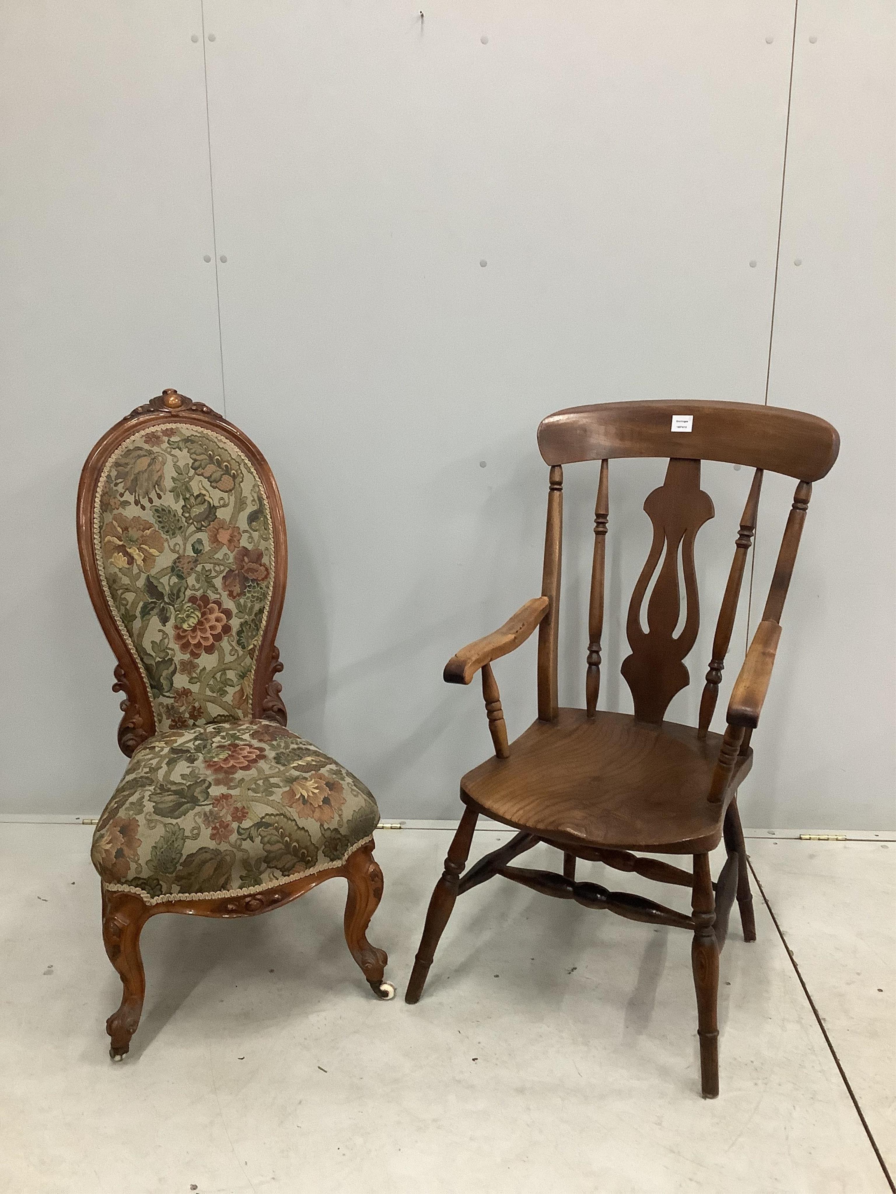 A Victorian elm, ash and beech elbow chair and a walnut spoon back nursing chair. Condition - fair to good